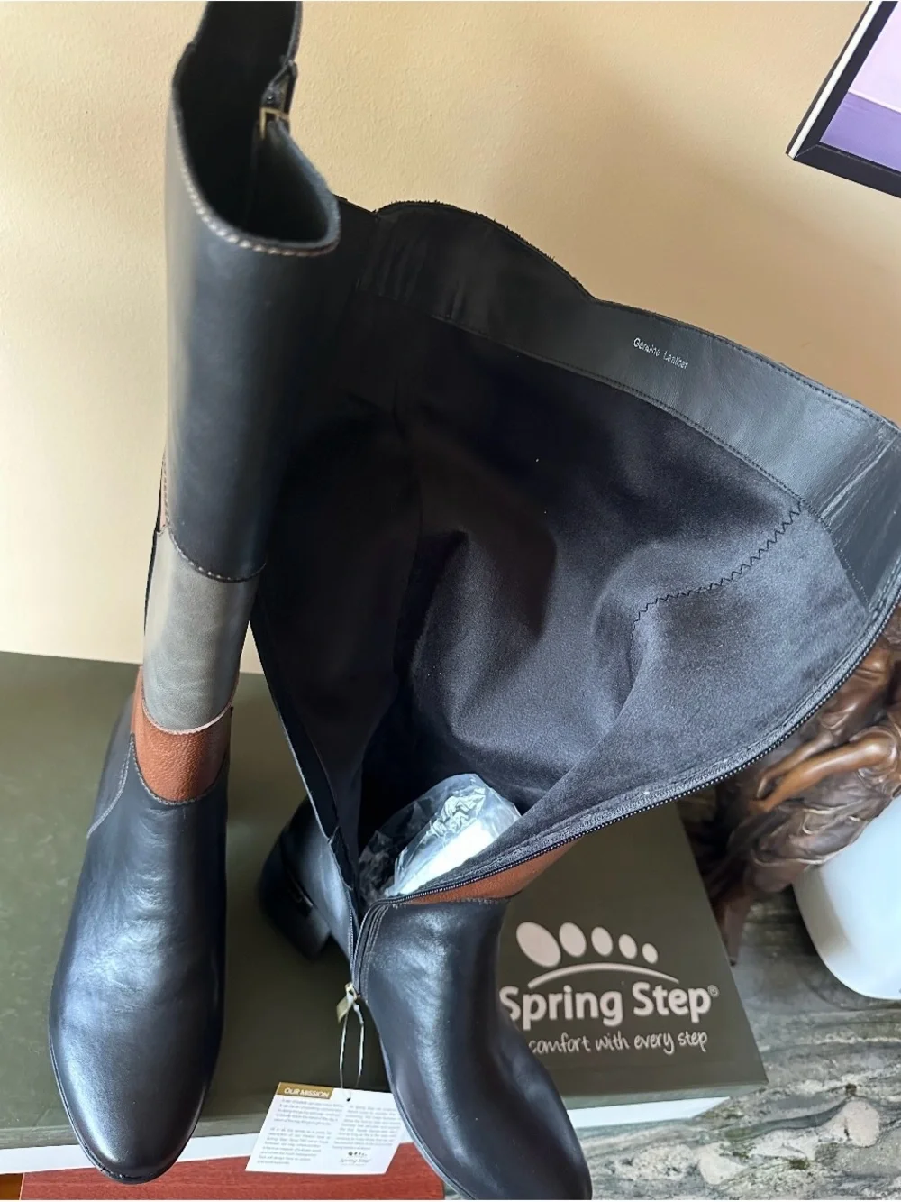 The Spring Step Patchwork Knee-High Leather Boots in Black and Brown, size 39
